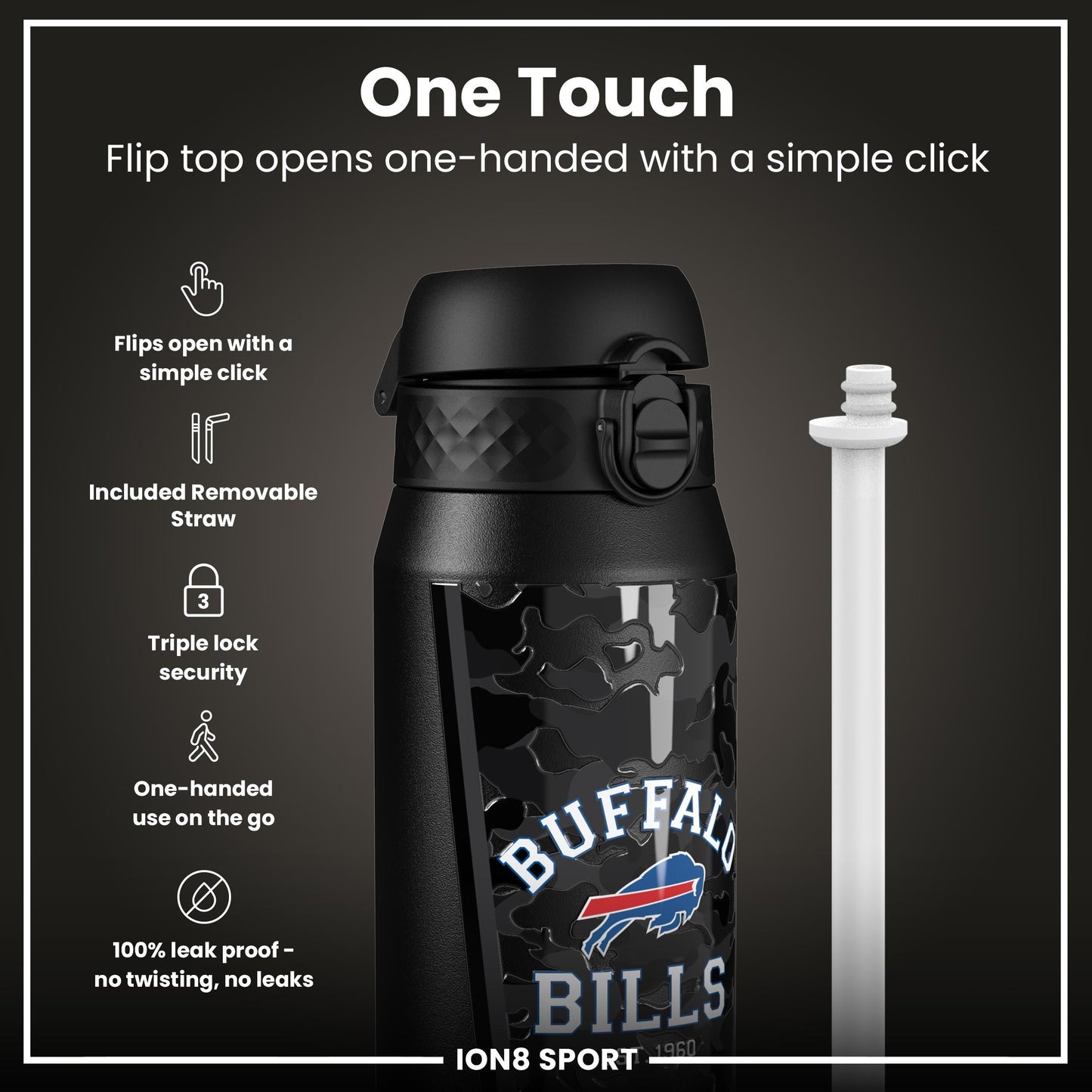 NFL x ION8 Insulated Steel Water Bottle, NFL Bills, 750ml (24oz)
