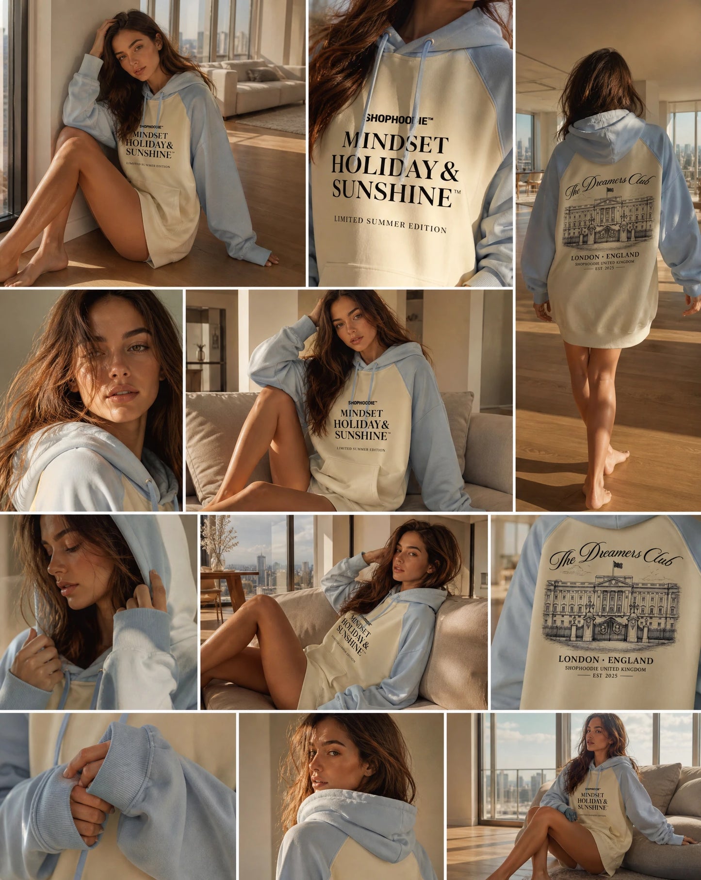 Woman wearing a shophoodie hoodie with text and graphics in a modern living room.