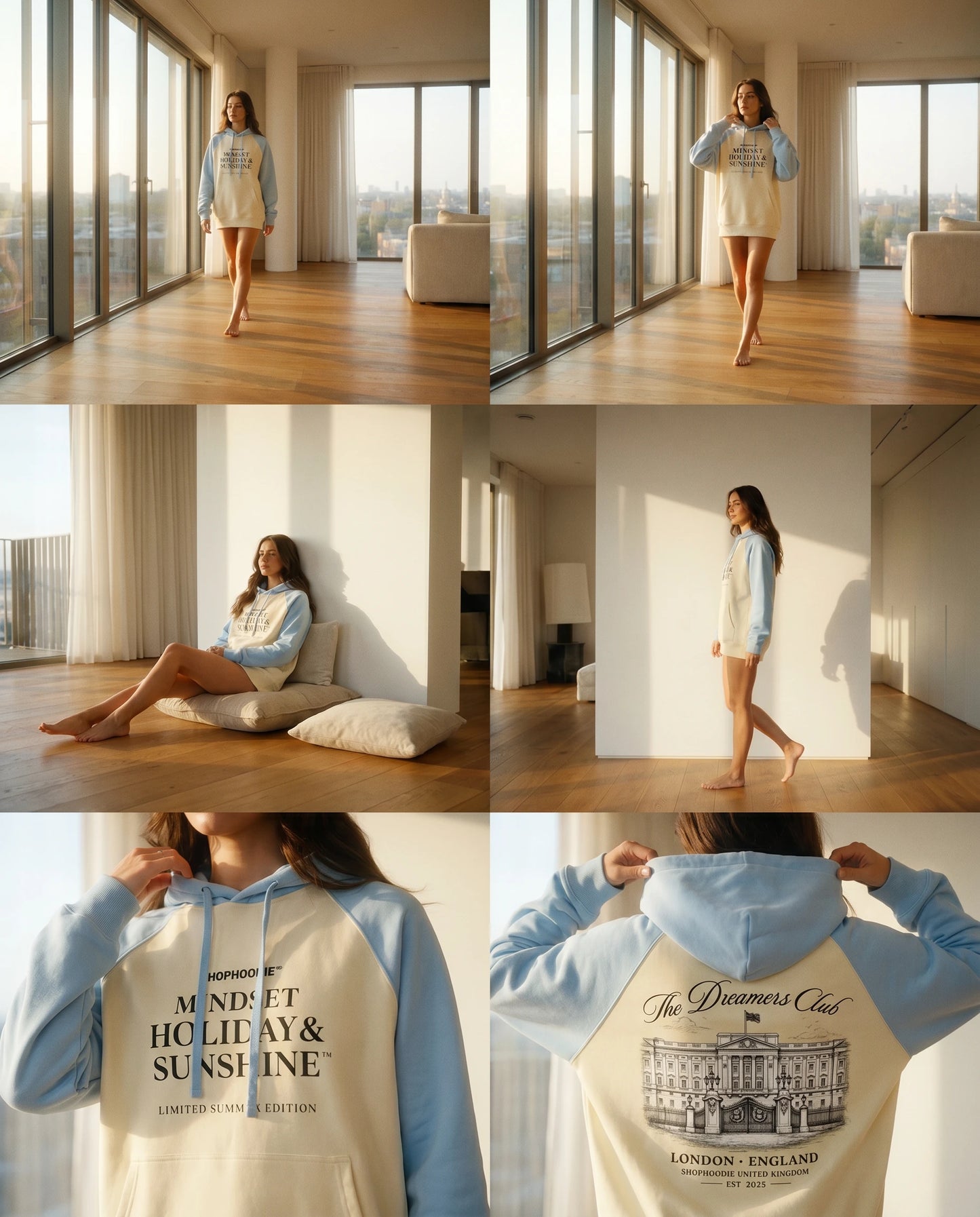 Woman wearing a shophoodie hoodie with text and graphics in a modern living room.