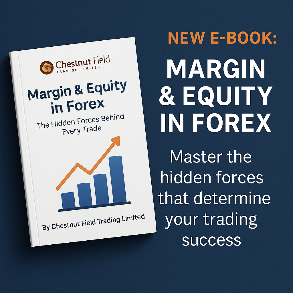 E-book cover titled 'Margin & Equity in Forex' by Chestnut Field Trading Limited on a dark blue background.