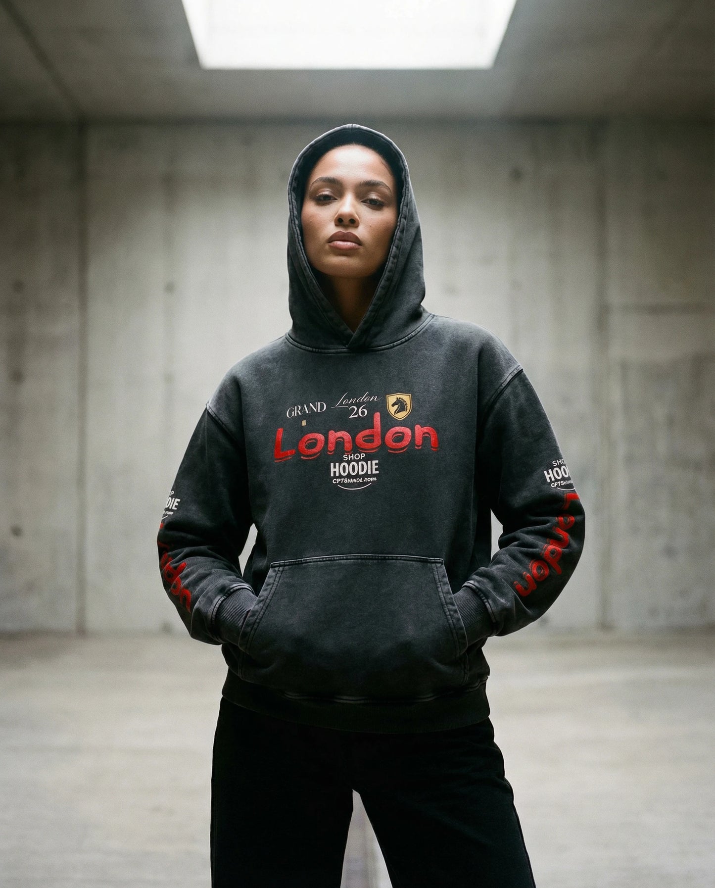 Person wearing a black hoodie with text and branding in an indoor setting