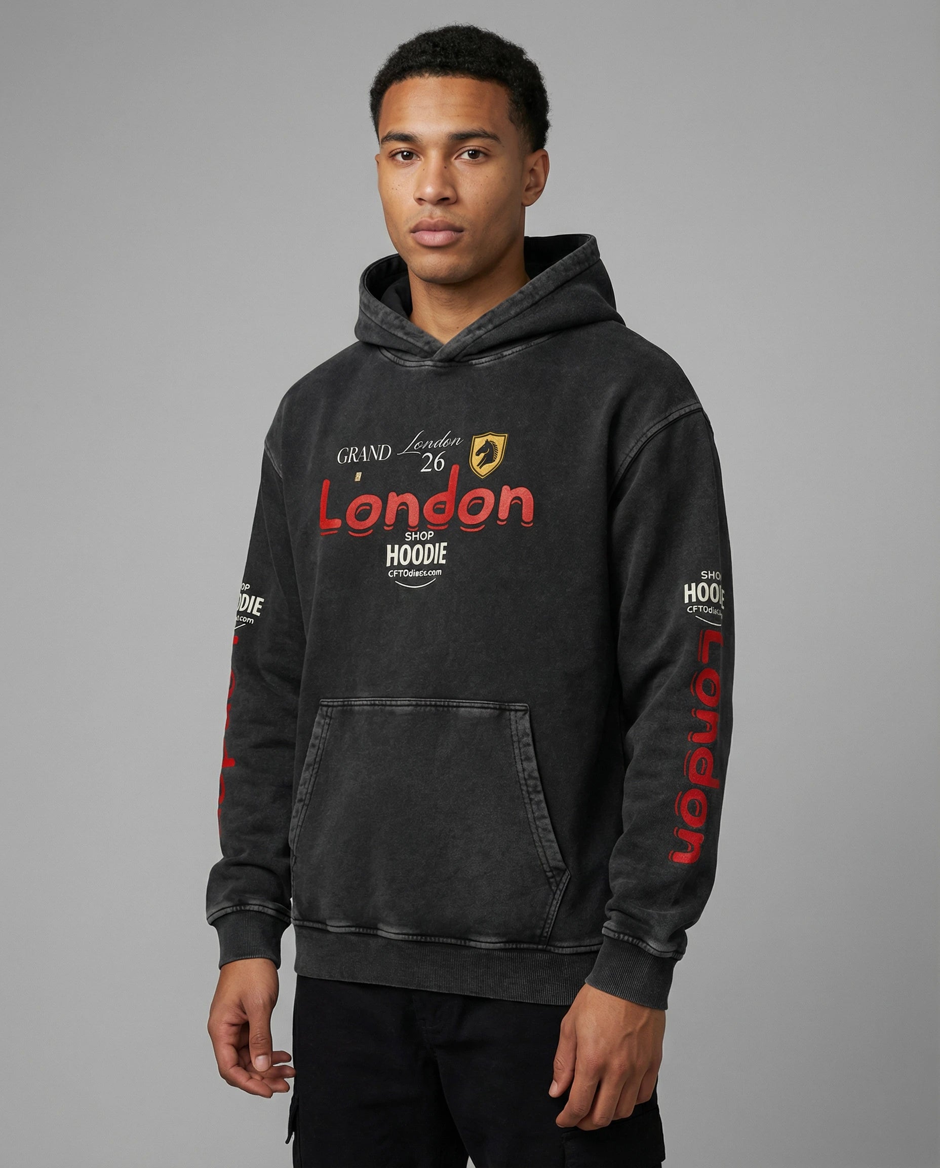 Person wearing a black hoodie with 'London' text on a gray background