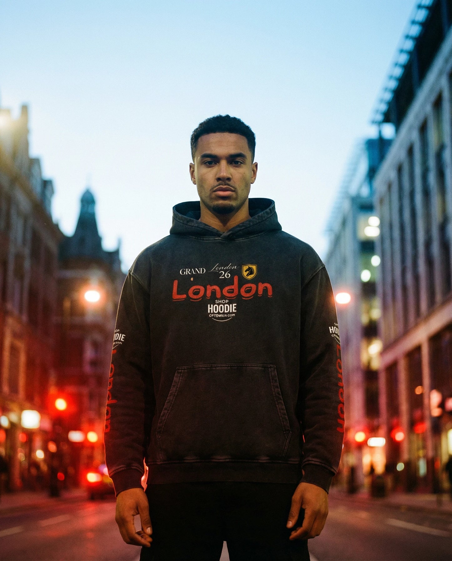 Man wearing a hoodie with 'Grand London' branding on a city street at night.