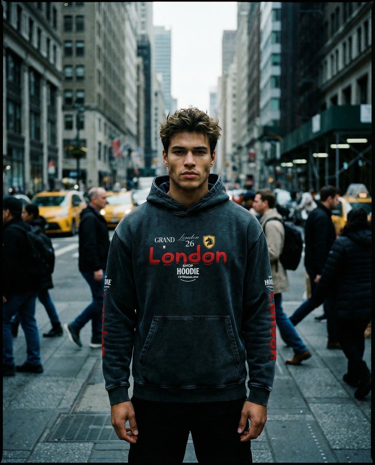 Man wearing a hoodie with 'London' text on a busy city street