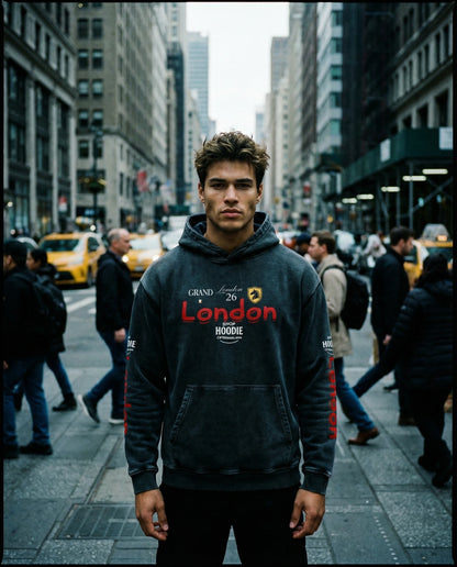 Man wearing a hoodie with 'London' text on a busy city street