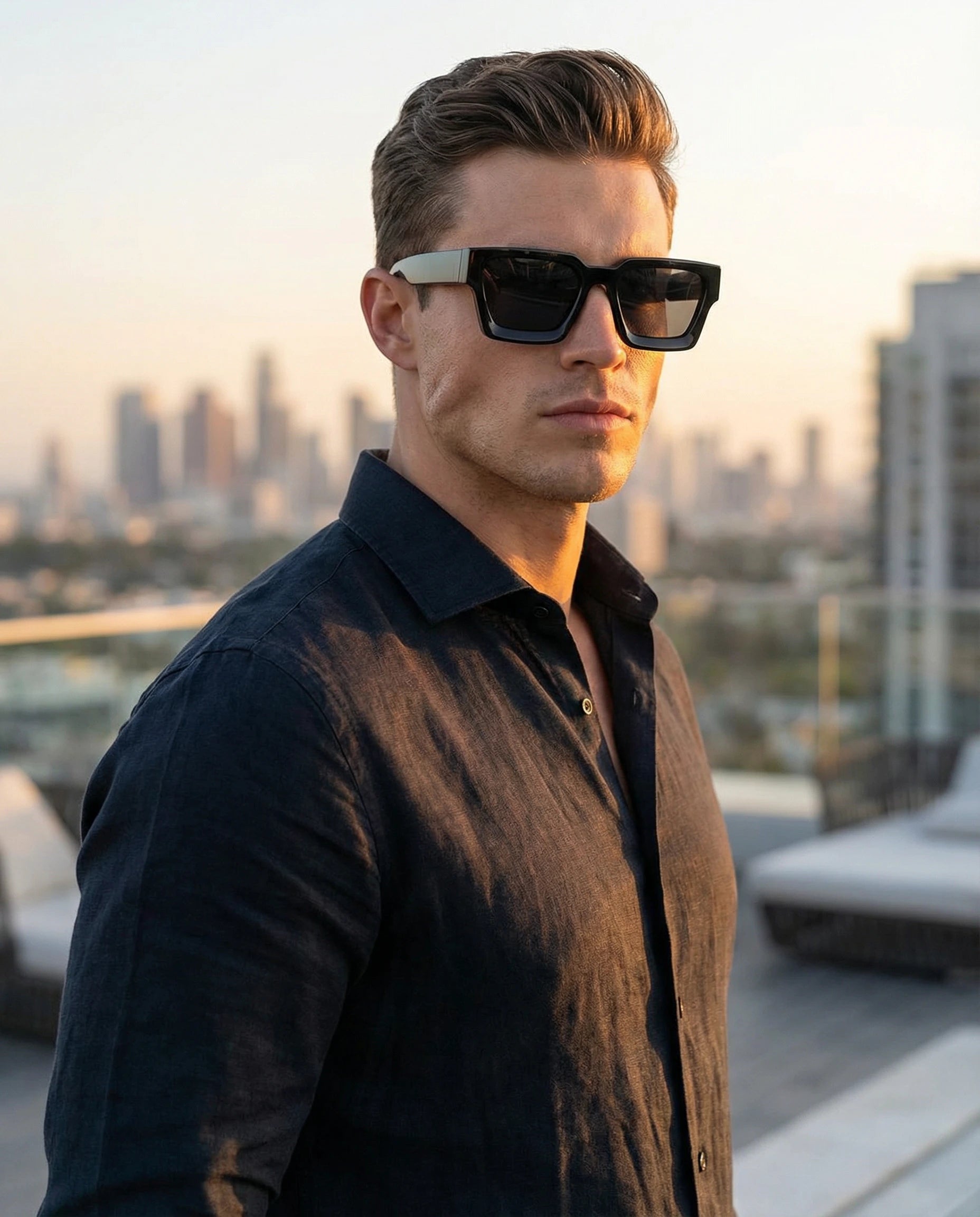 Man wearing sunglasses on a rooftop with cityscape in the background