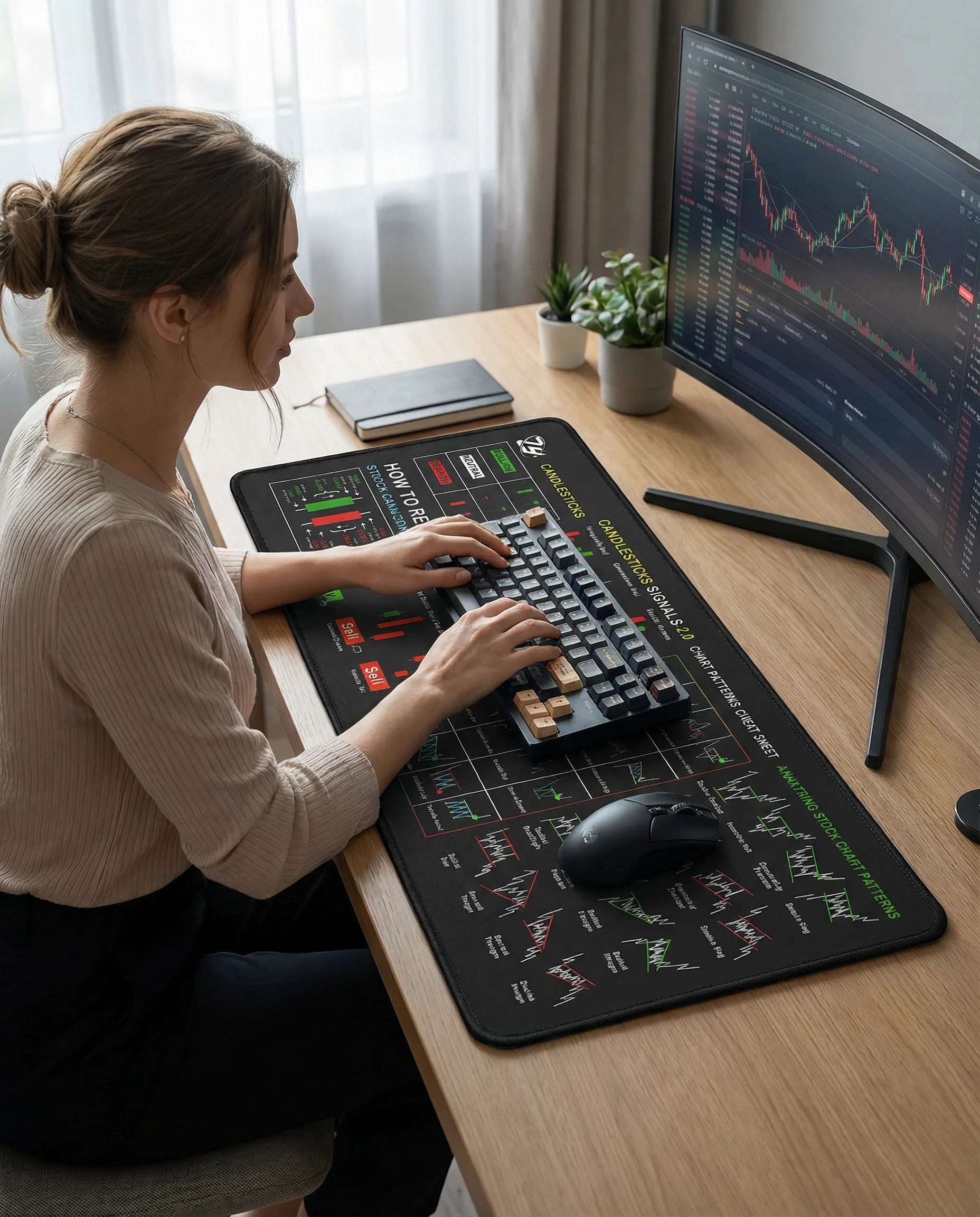 Person using a computer with a large mouse pad on a desk