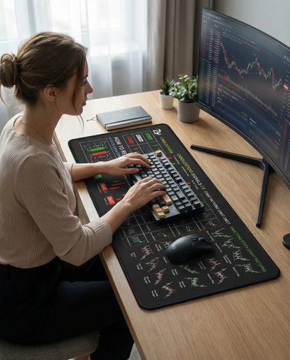 Person using a computer with a large mouse pad on a desk