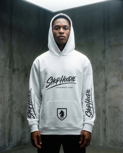 Person wearing a white hoodie with branding in an indoor setting