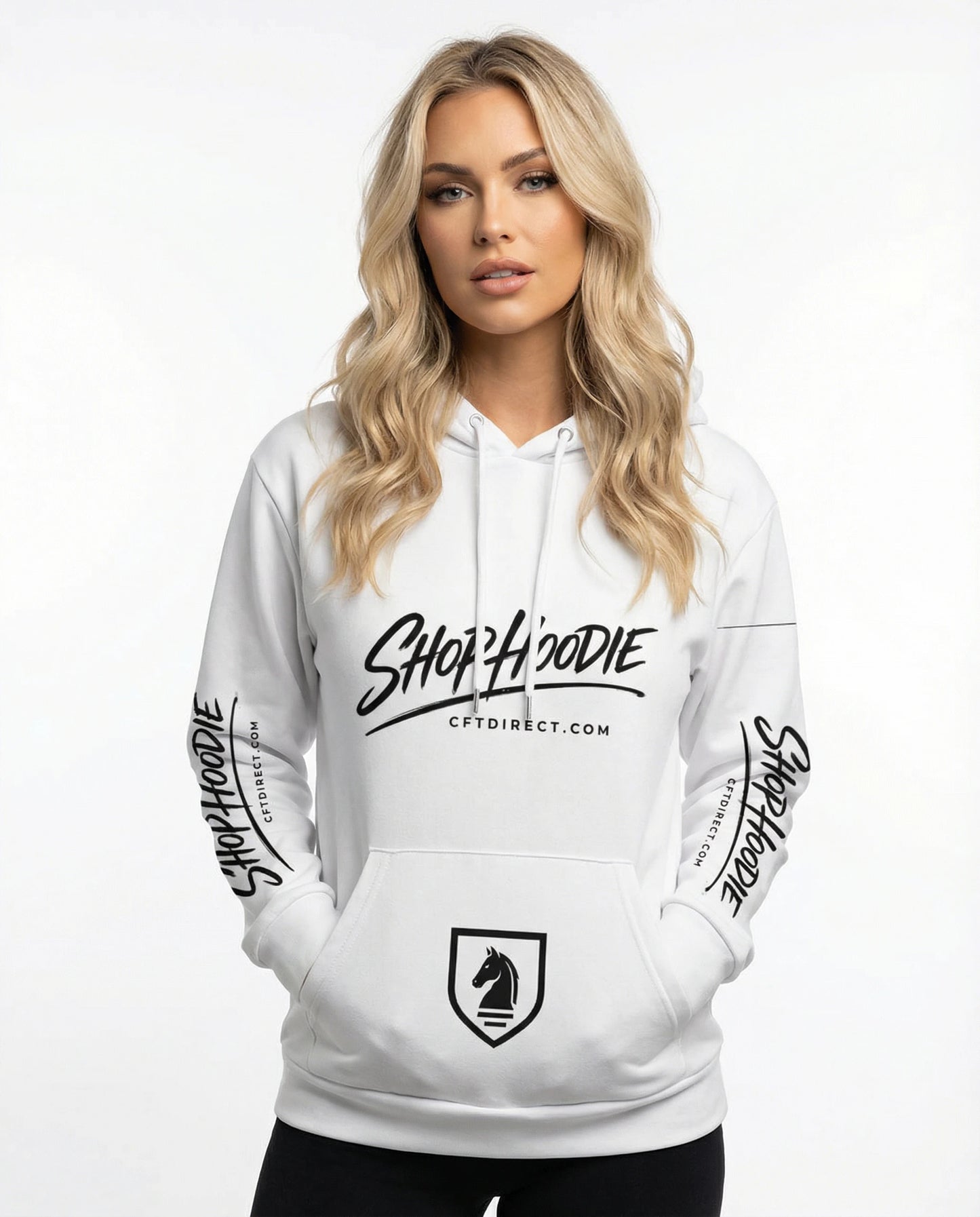 Woman wearing a white hoodie with branding on a white background