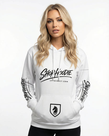 Woman wearing a white hoodie with branding on a white background