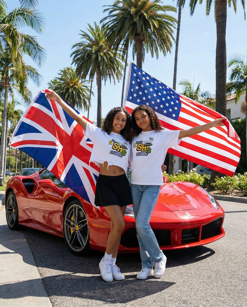 Two people holding British and American flags in front of a red sports car with palm trees in the background ShopHoodie™