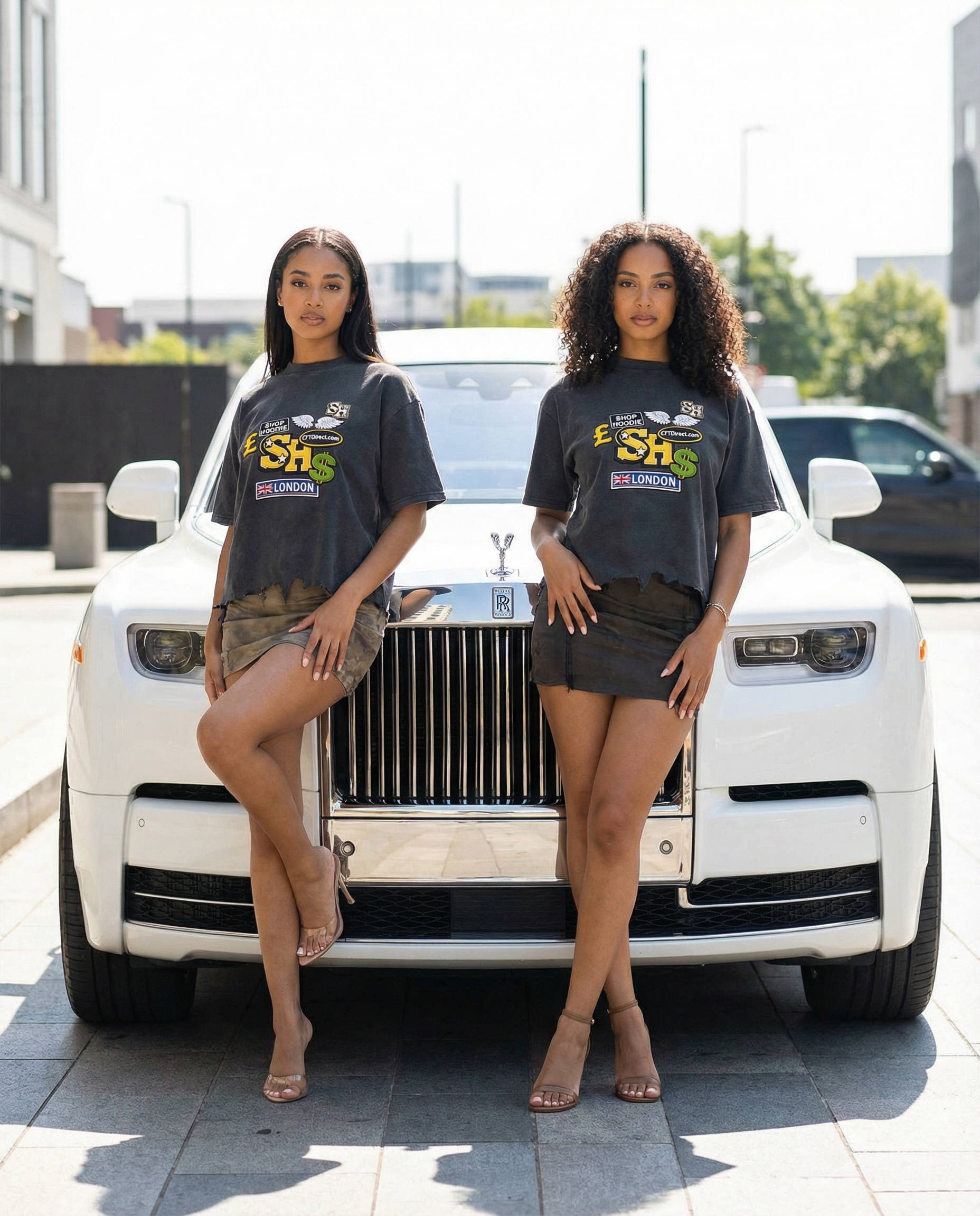 Two women posing in front of a white Rolls-Royce car ShopHoodie™