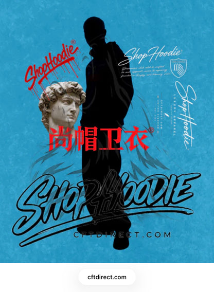 Promotional poster for 'Shop Hoodie' with a silhouette of a person and classical statue on a blue background.