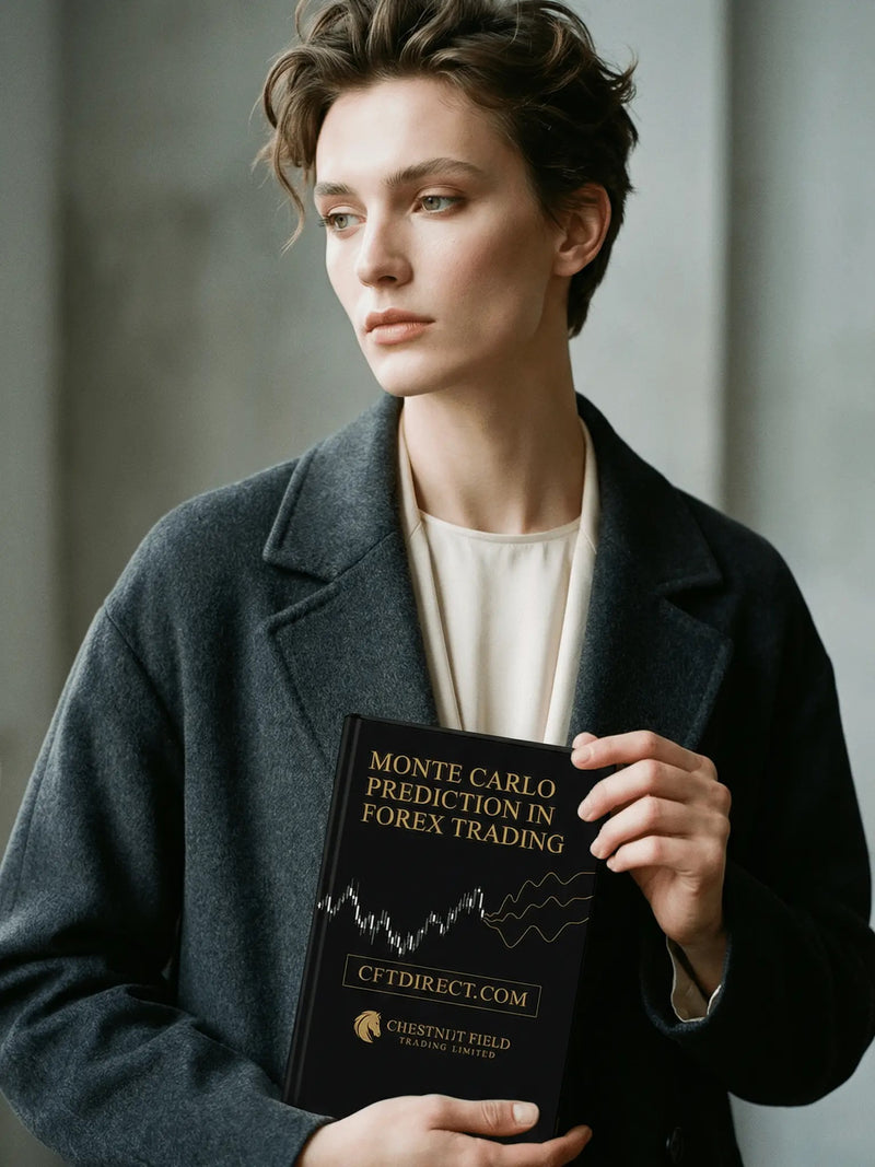 Person holding a book titled 'Monte Carlo Prediction in Forex Trading' by CFTDirect.com.