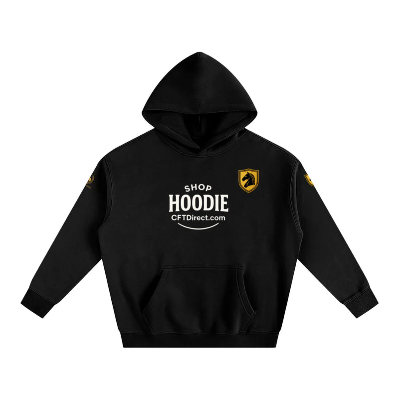 Black hoodie with white text and logo on a white background shophoodie.co.uk