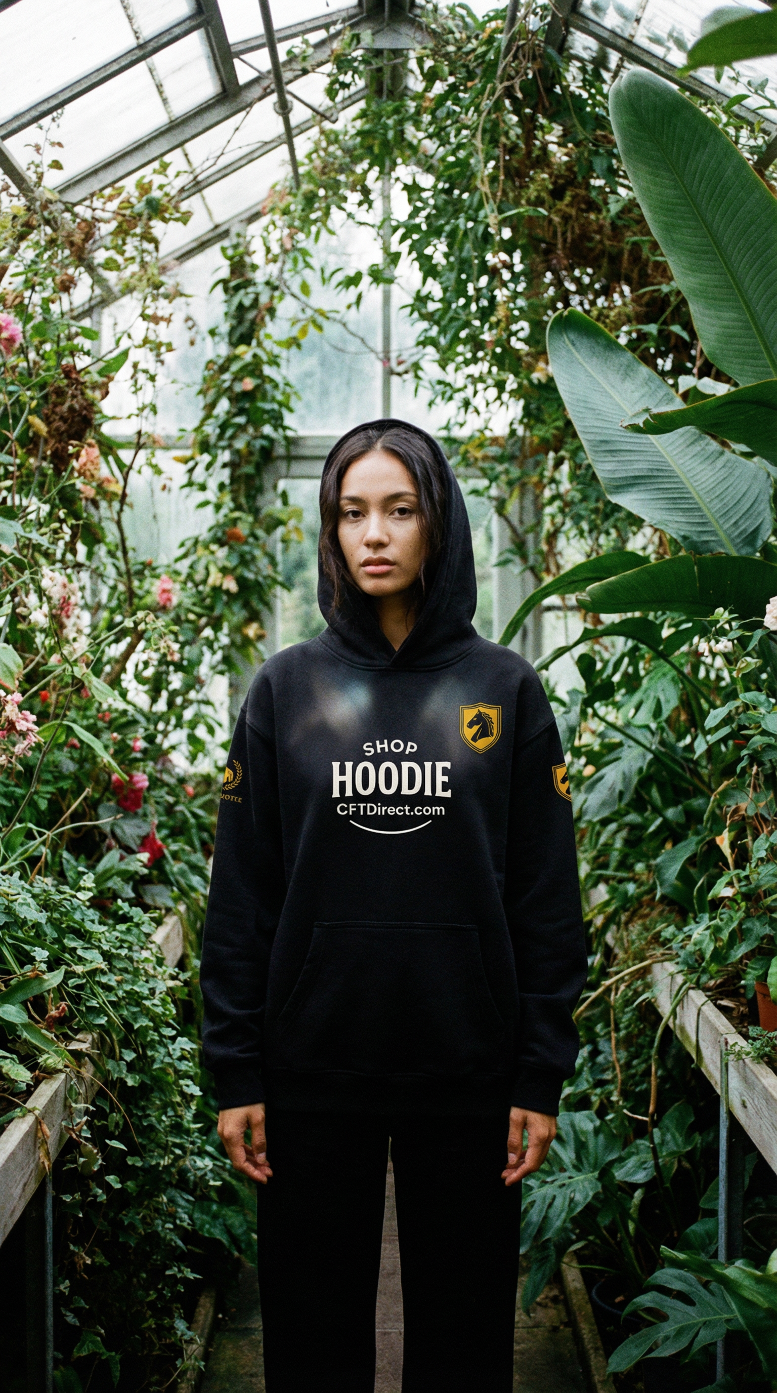 Person wearing a black hoodie with text in a greenhouse