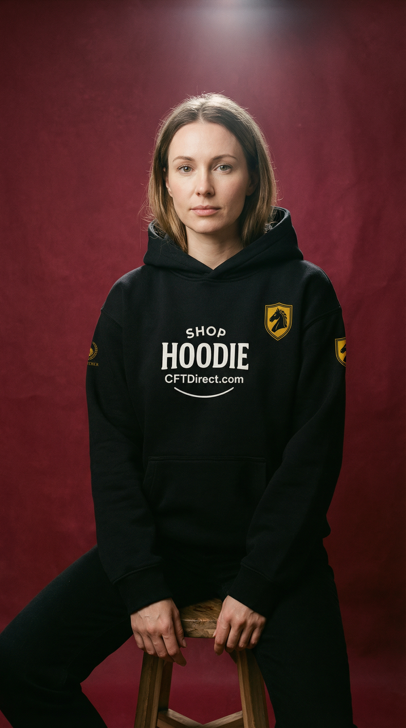 Person wearing a black hoodie with branding on a red background