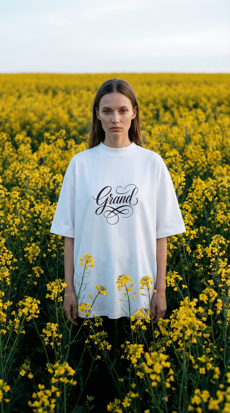 Person wearing a white t-shirt with 'Grand' printed on it, standing in a field of yellow flowers.