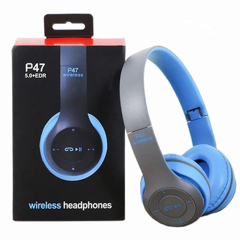 Blue and gray wireless headphones with P47 branding next to their packaging on a white background