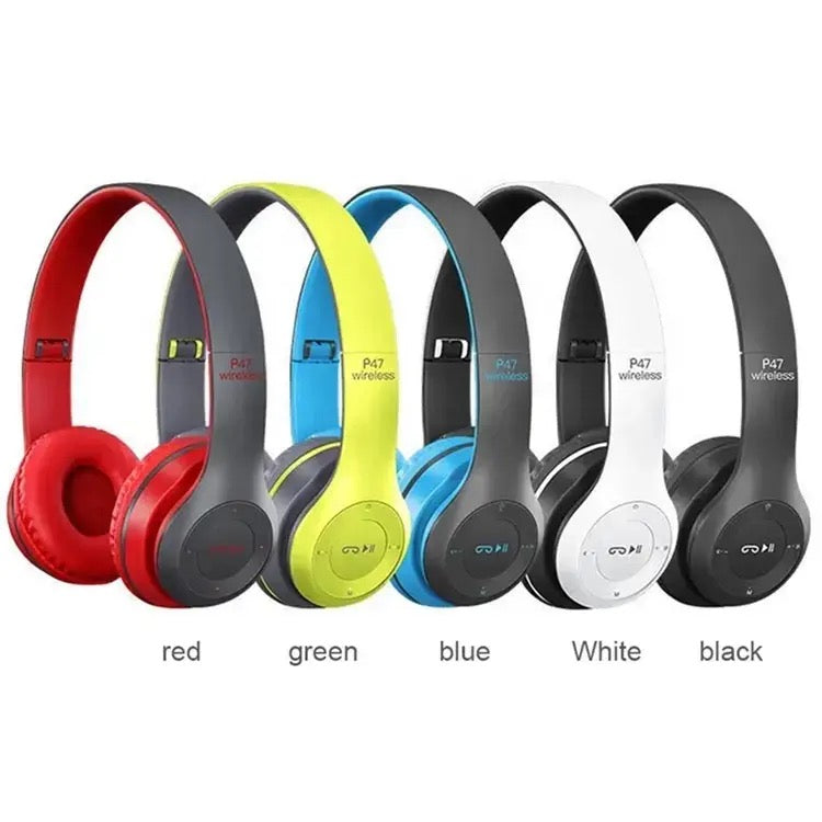Set of five wireless headphones in red, green, blue, white, and black on a white background.