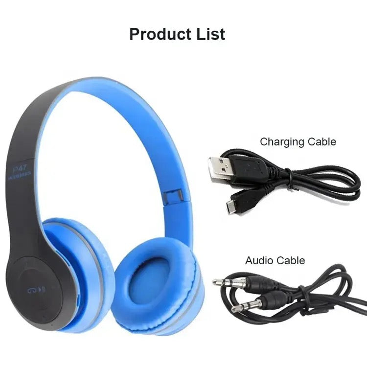 Blue headphones with charging and audio cables on a white background