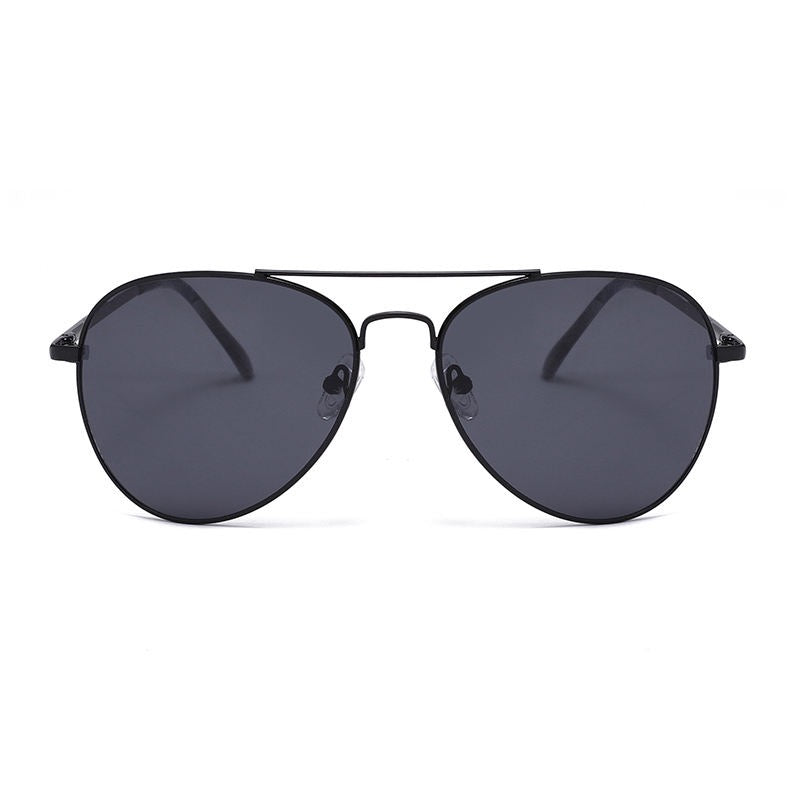Black aviator sunglasses with dark lenses on a white background