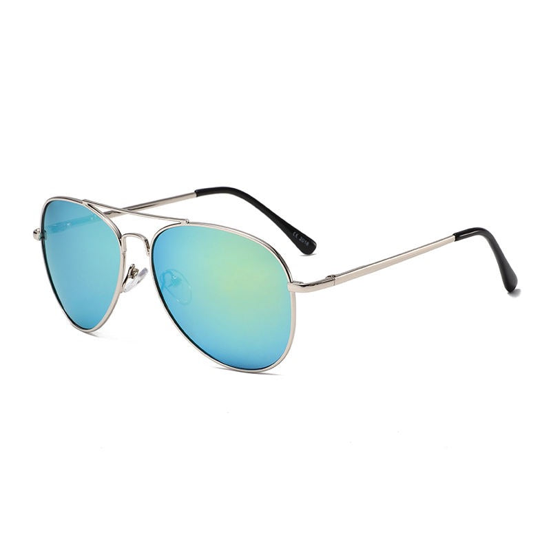 Sunglasses with blue-tinted lenses and silver frame on a white background