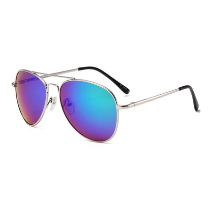 Sunglasses with colorful lenses and silver frame on a white background