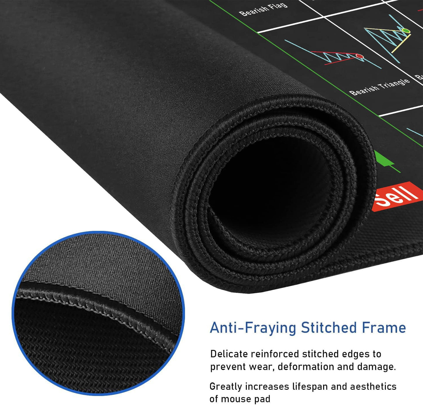 Black gaming mouse pad with anti-fraying stitched frame and brand logo.