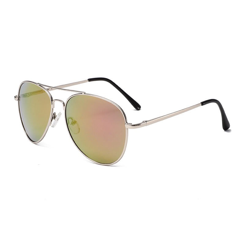 Aviator sunglasses with reflective lenses on a white background
