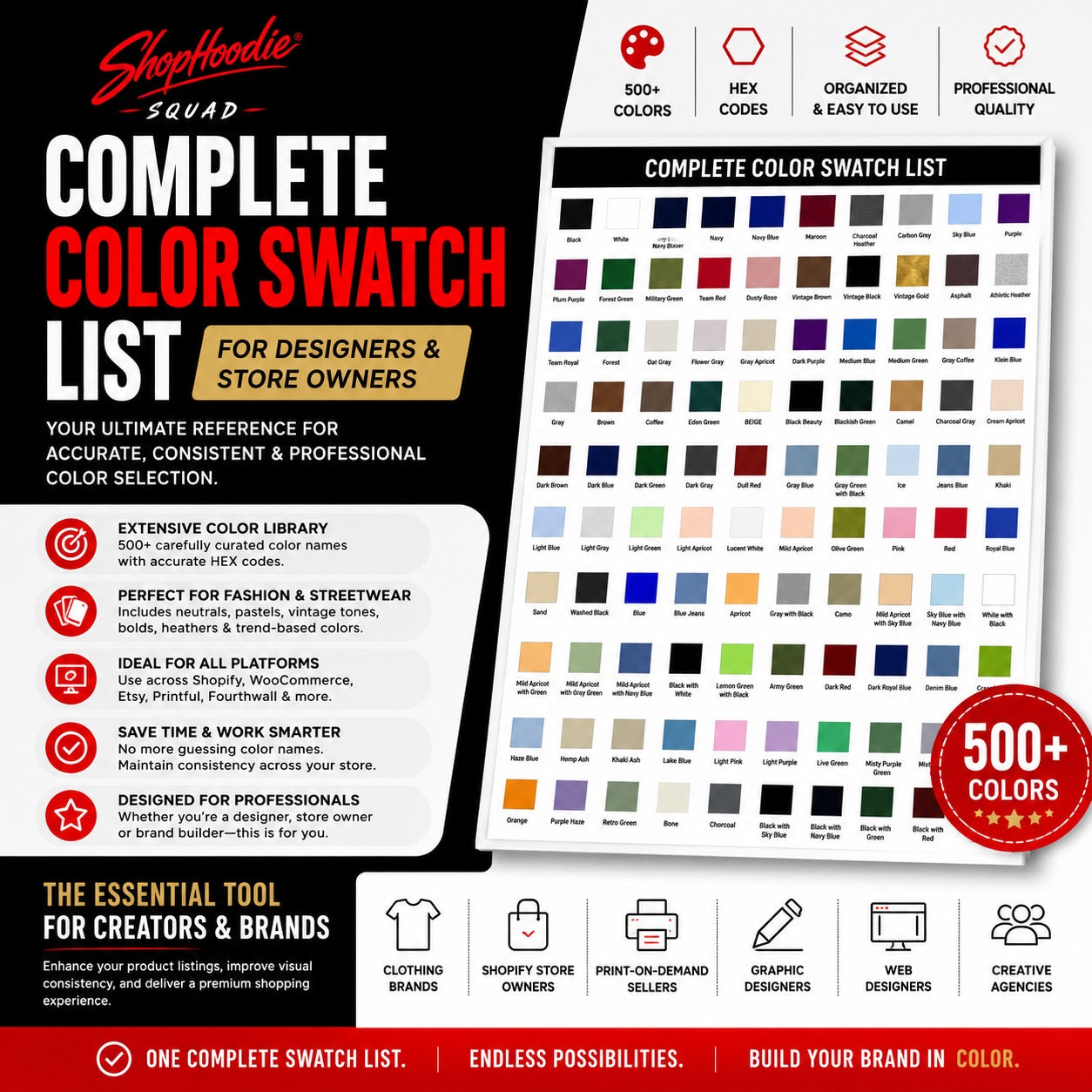500 Complete Colour Swatch List for Designers & Store Owners -Digital instant download Build Faster. Design Smarter.