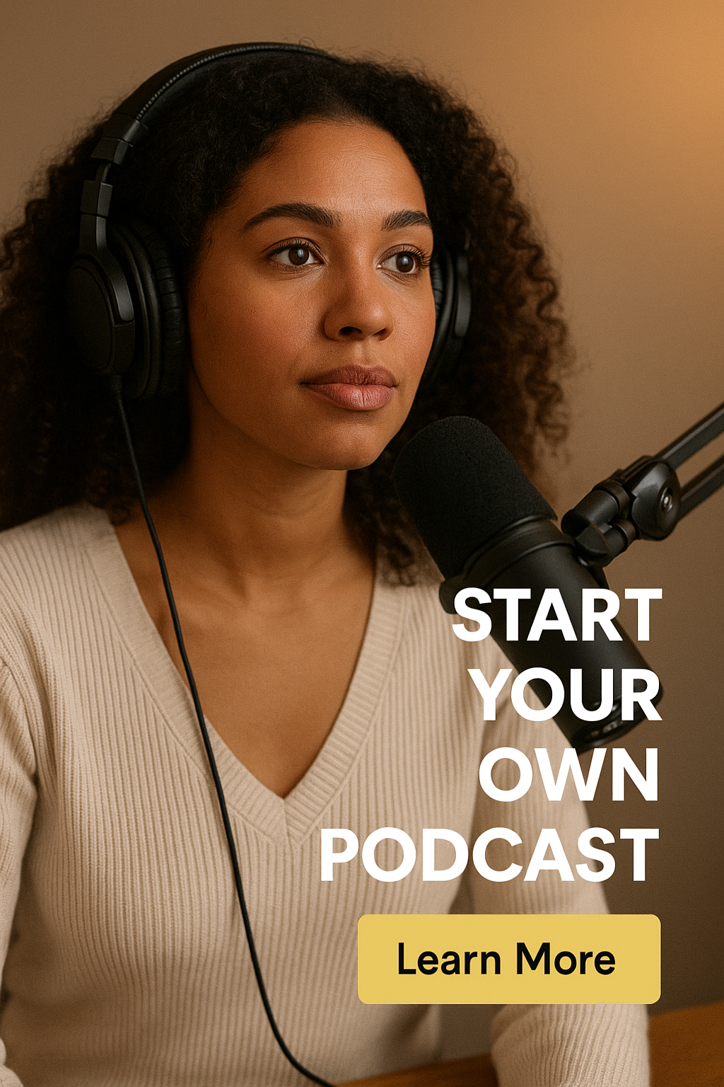 Woman with headphones and microphone, text 'Start Your Own Podcast Learn More'