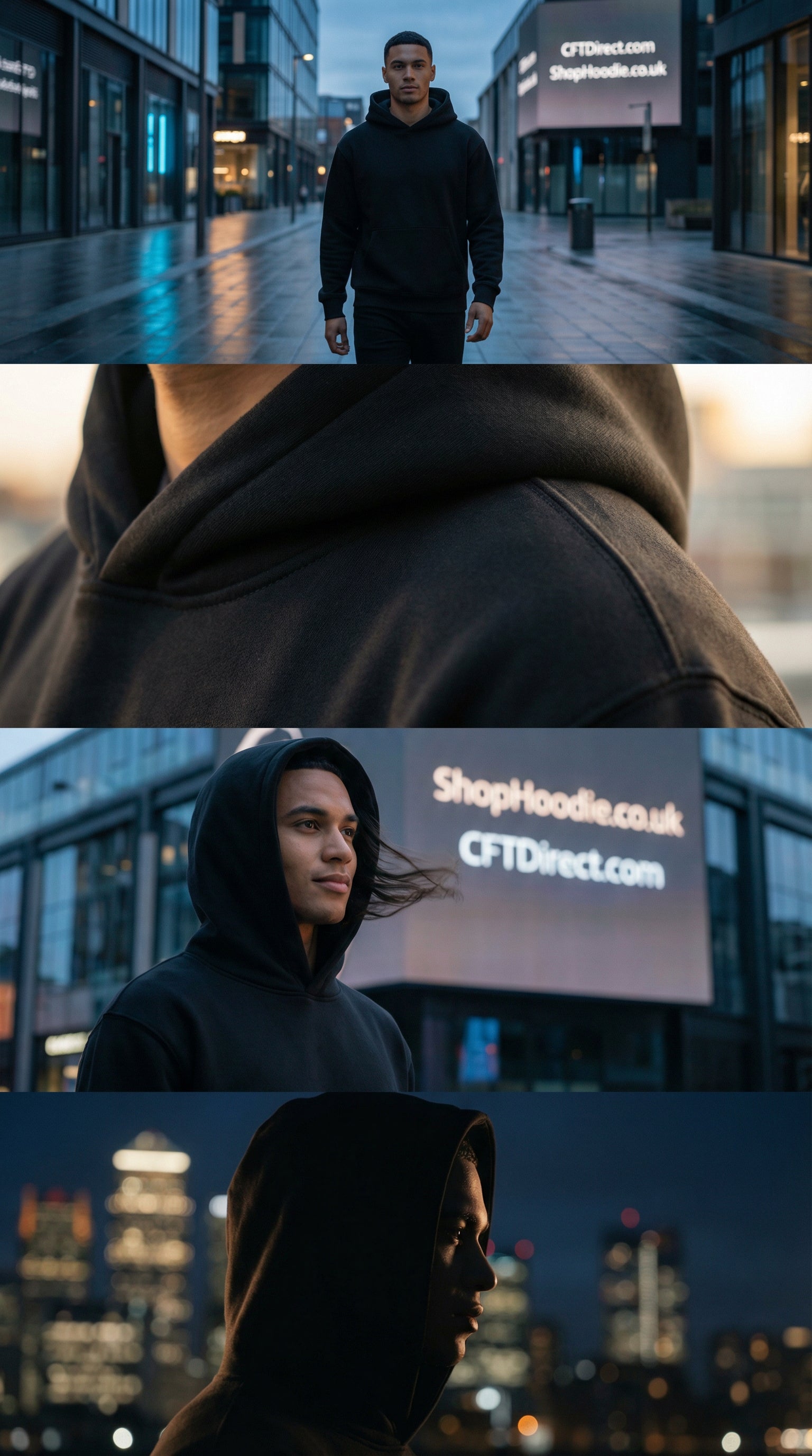 Man wearing a black hoodie in various urban settings with visible branding.