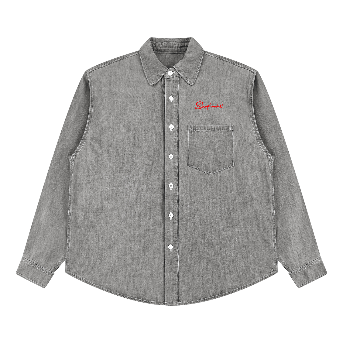 SHOPHOODIE® LONDON SIGNATURE Vintage Wash Denim Shirt — 320 GSM streetwear detail