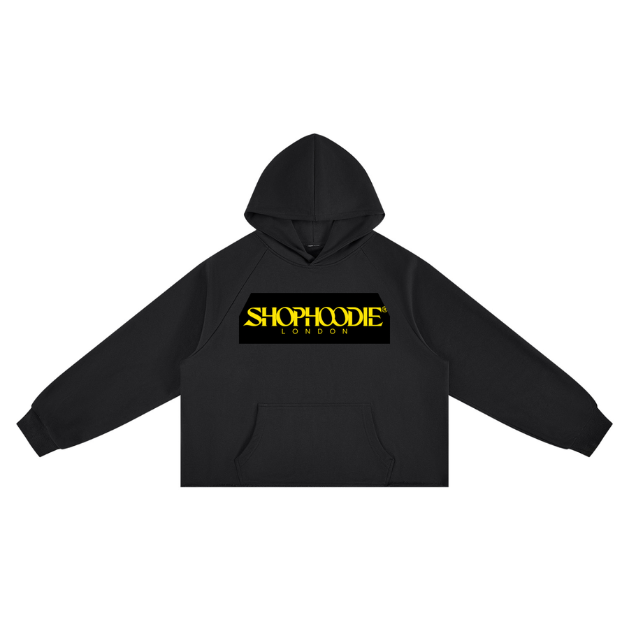 SHOPHOODIE® LONDON Black & Yellow Box Logo Vintage Wash Raw Edge Boxy Hoodie — 350 GSM