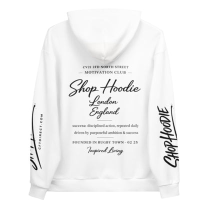 White hoodie with black text and branding on a white background