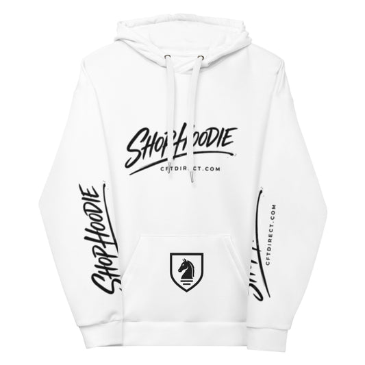 White hoodie with black text and logo on a white background