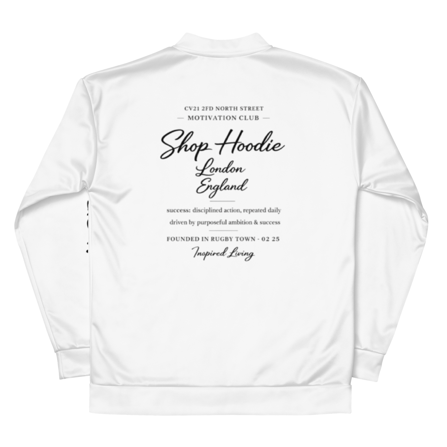 White hoodie with black text on a white background