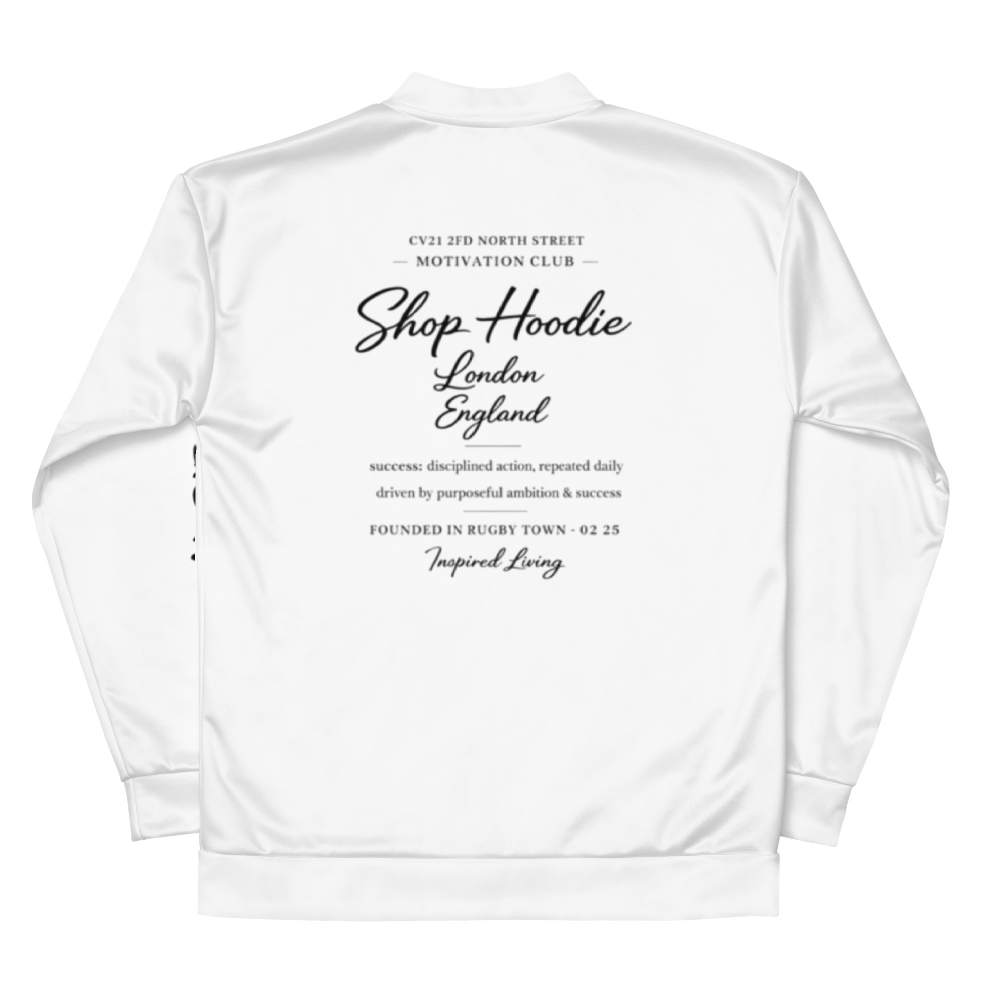 White hoodie with black text on a white background