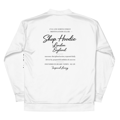 White hoodie with black text on a white background