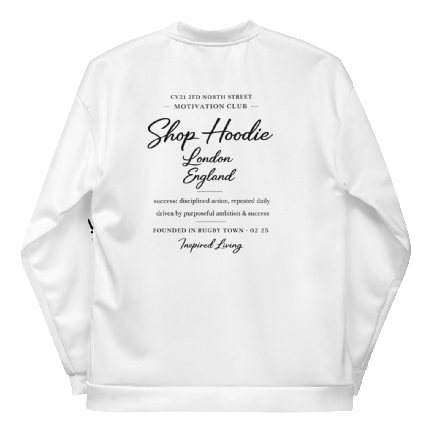 White sweatshirt with black text on a white background
