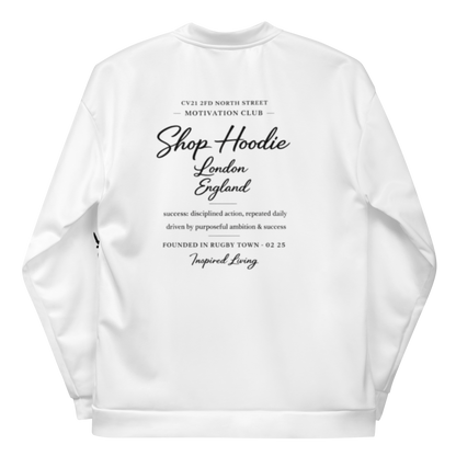 White sweatshirt with black text on a white background