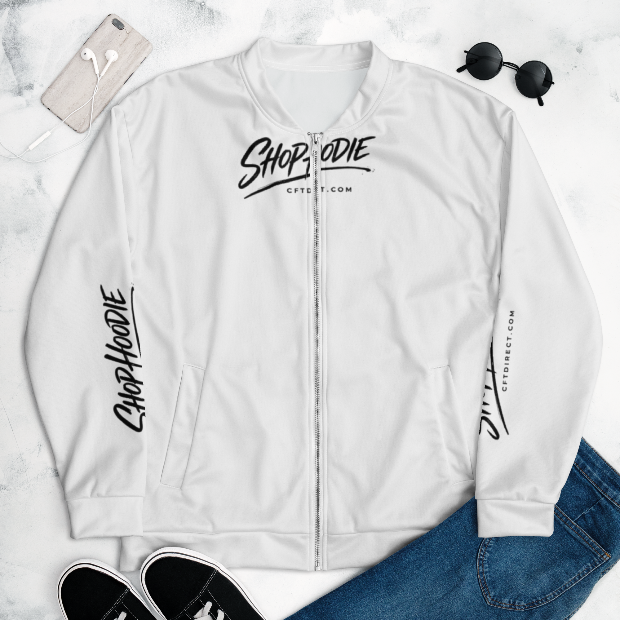 White bomber jacket with 'Shop Hoodie' branding on a light gray background