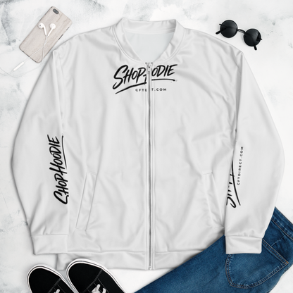 White bomber jacket with 'Shop Hoodie' branding on a light gray background