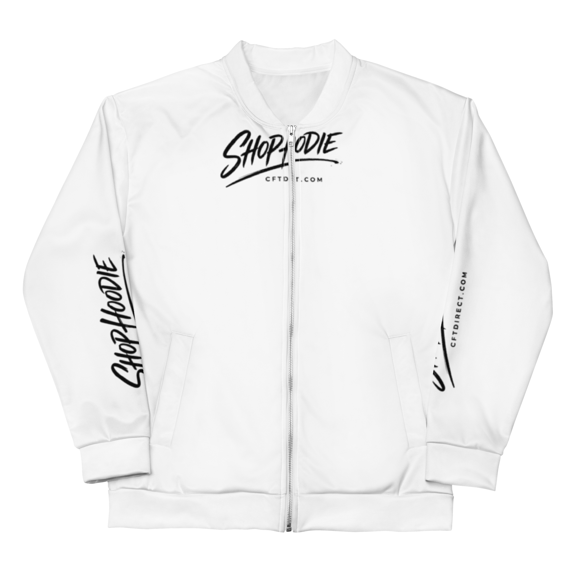 White bomber jacket with black text on a white background