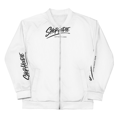 White bomber jacket with black text on a white background