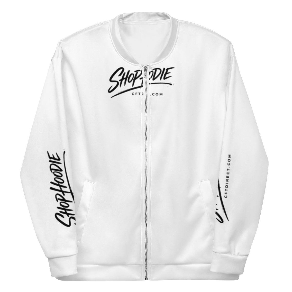 White hoodie with black text and branding on a white background