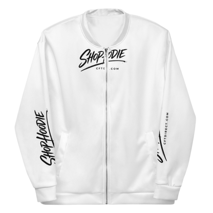 White hoodie with black text and branding on a white background