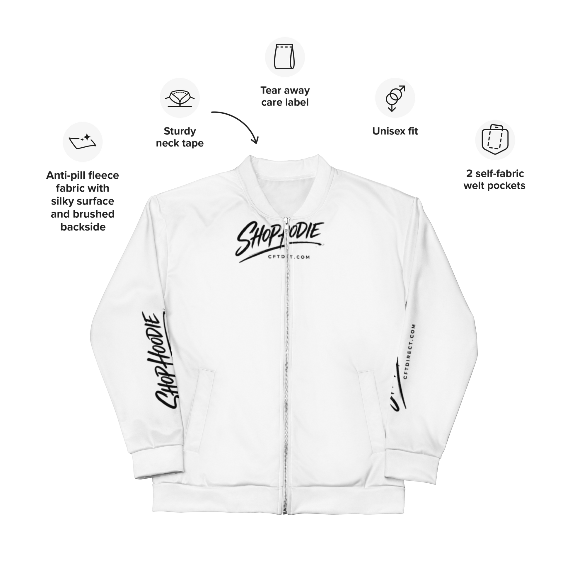 White bomber jacket with black text and graphics on a white background